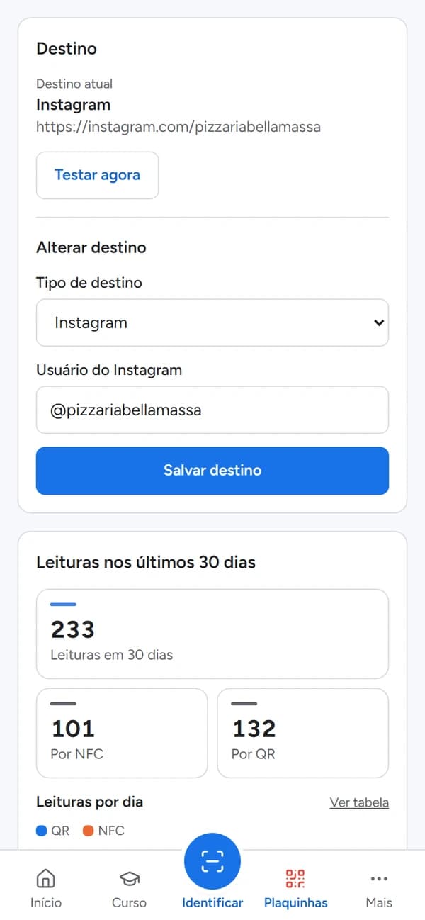 Tela de uma plaquinha no app TAP: destino atual no Instagram e o botão para alterar o destino