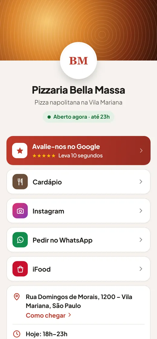 Página de uma pizzaria no modelo Clássico: capa, logo, selo Aberto agora e o botão Avalie-nos no Google em destaque