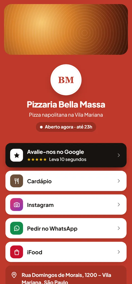 A mesma página no modelo Vibrante, com o fundo na cor do negócio